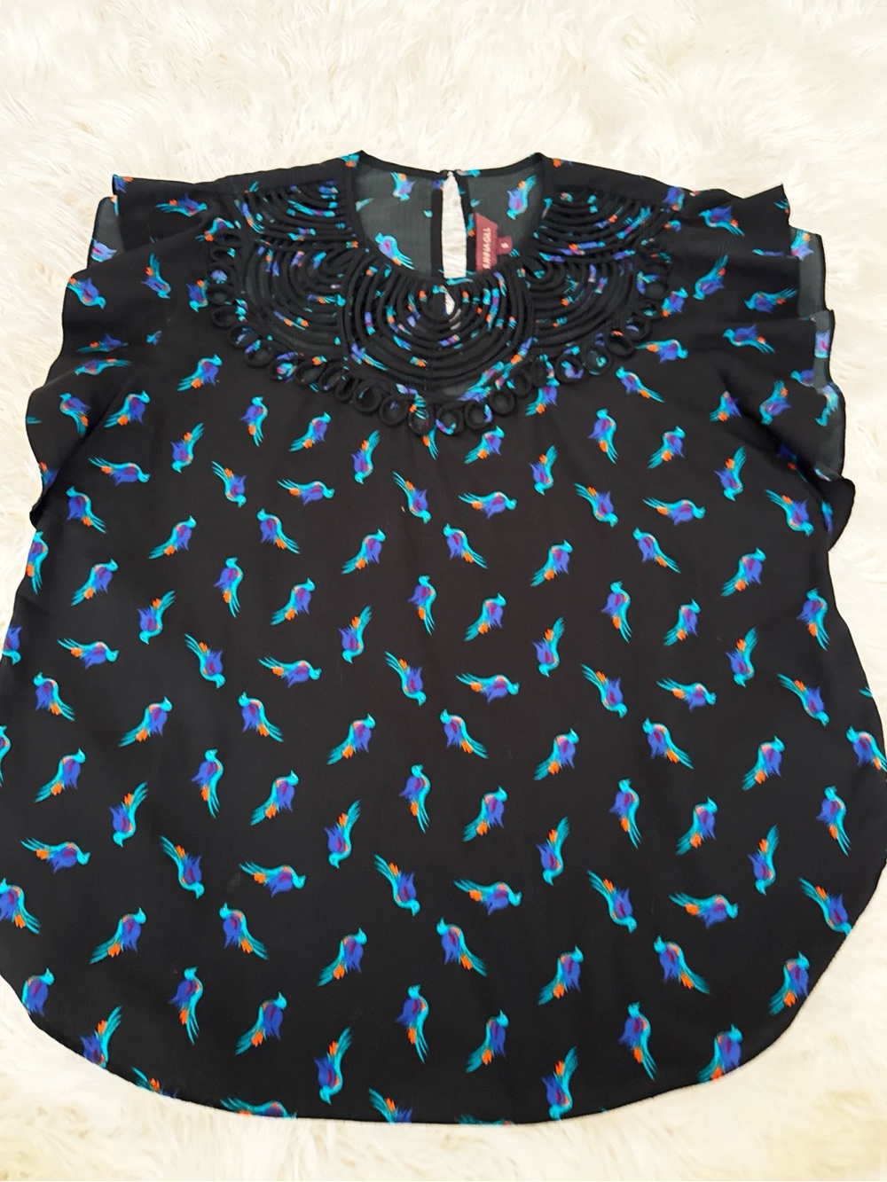 Ranna Gill Black Parrot Print Flutter Sleeve Blouse
